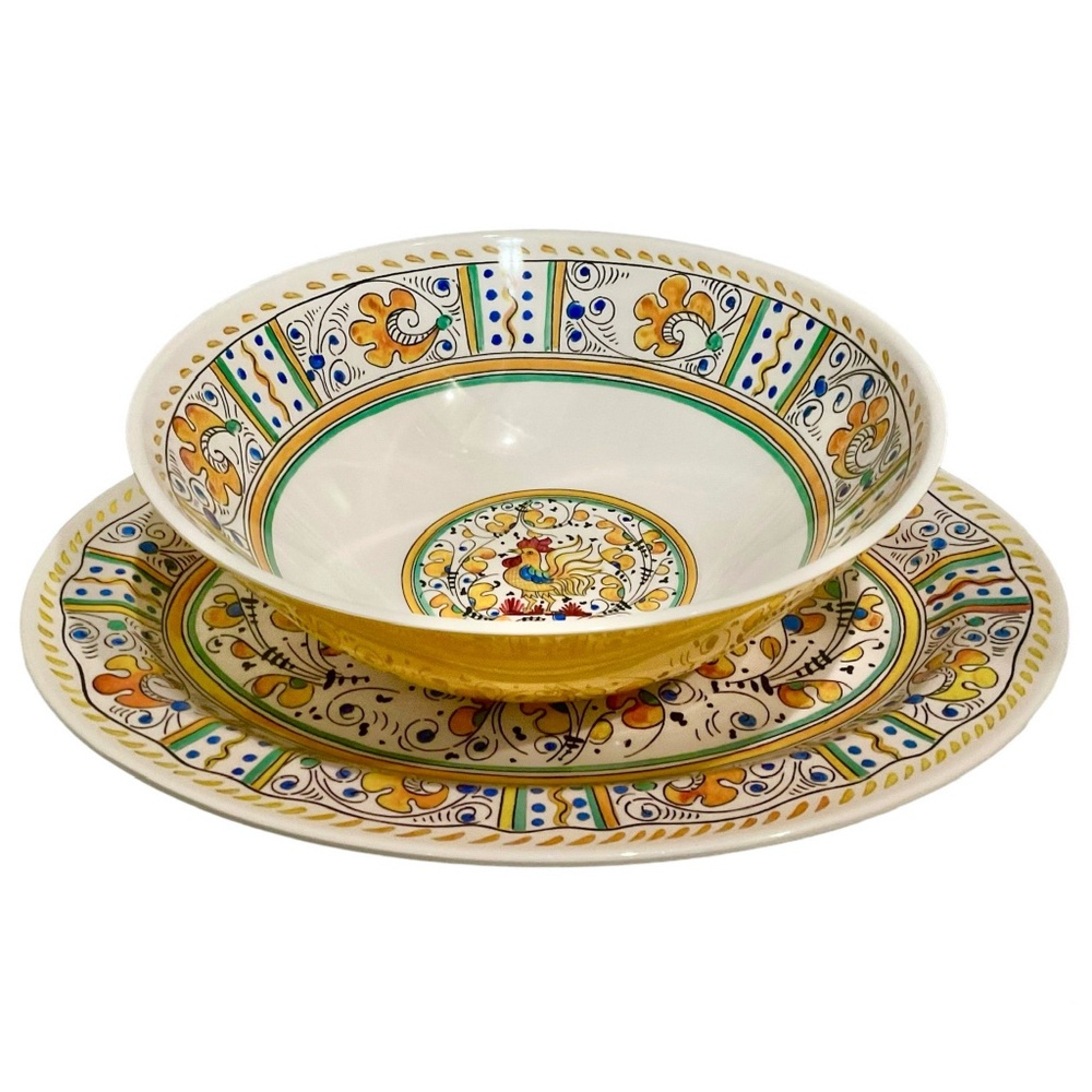 NEW Le Cadeaux Yellow Rooster Serving Bowl & Oval Platter ~ Melamine Salad Pasta